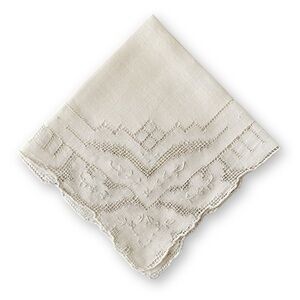 Antique Midcentury Off White Linen Floral Scalloped Embroidered Handkerchief
